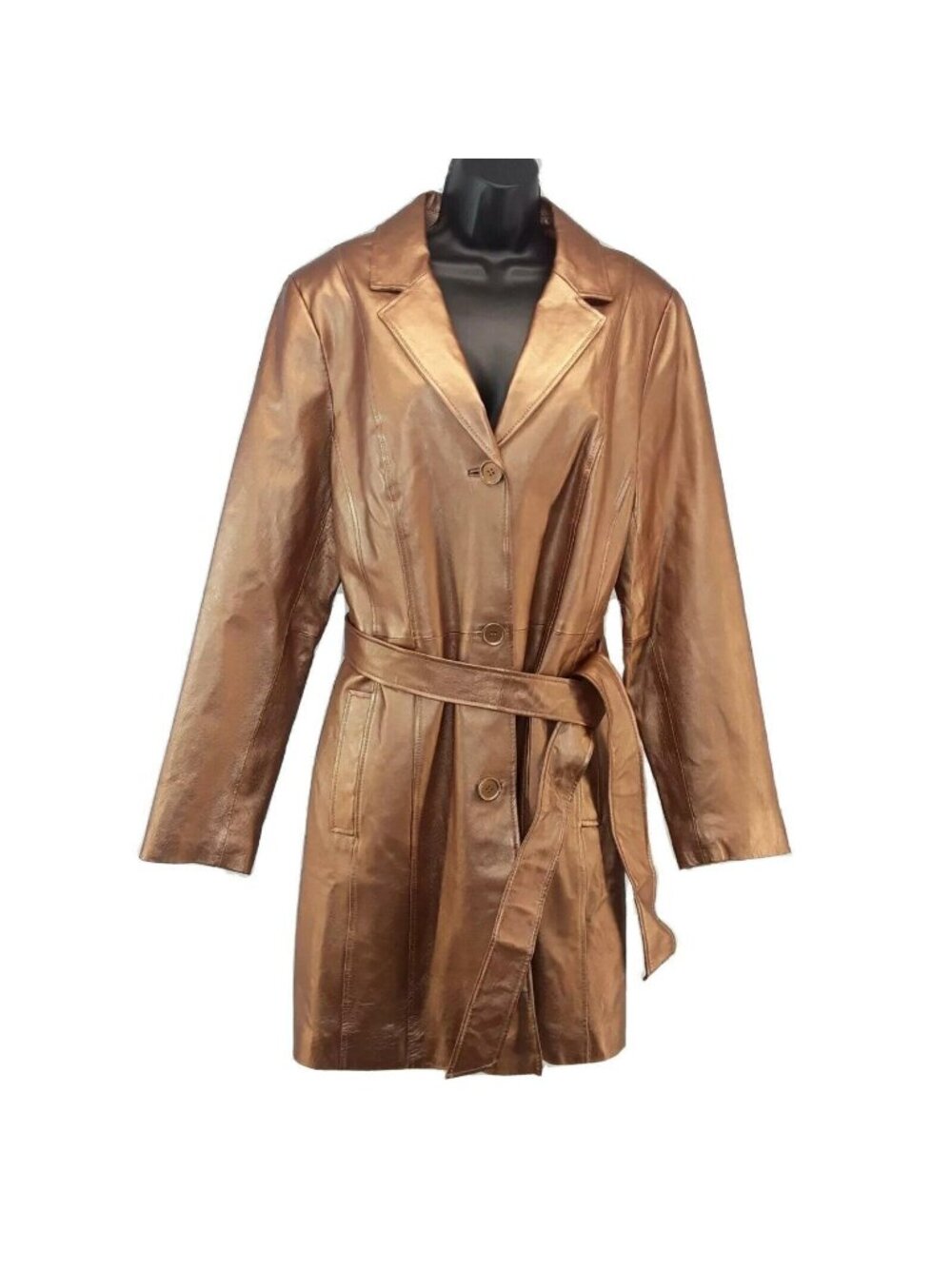 Metrostyle 100% Leather Trench Coat Womens 16 Tall Metallic Belted Lined Coat
